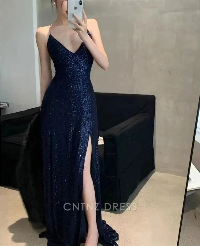 Wholesa Sheath V Neck Sexy Navy Blue Slit formal dresses Bridesmaid Dresses evening gown Prom Dress