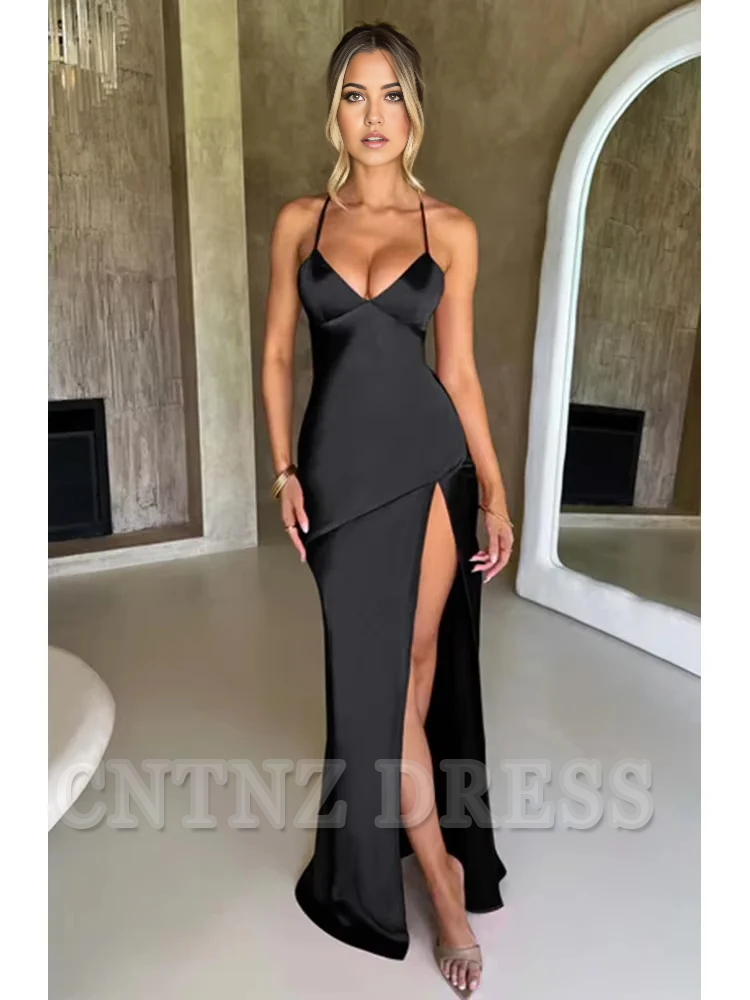 Wholesa Elegant Spaghetti Strap Backless Lace-Up Split Satin formal dresses Bridesmaid Dresses evening gown Prom Dress