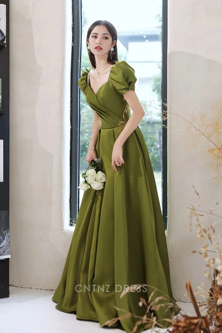 Wholesa A-Line Sweetheart Satin Green Long formal dresses Bridesmaid Dresses evening gown Prom Dress