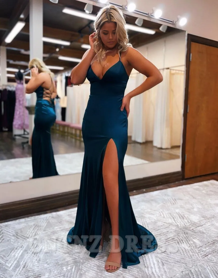 Wholesa Spaghetti Straps Long Satin formal dresses evening gown Prom Dress With Split