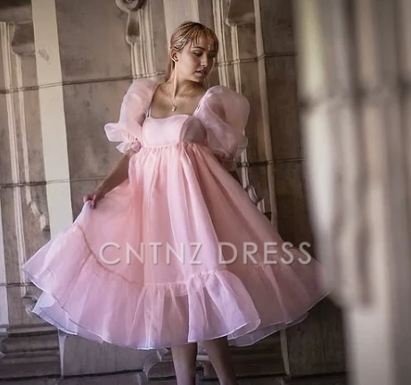 Wholesa A-line princess puff sleeves organza pink formal dresses Bridesmaid Dresses evening gown Prom Dress