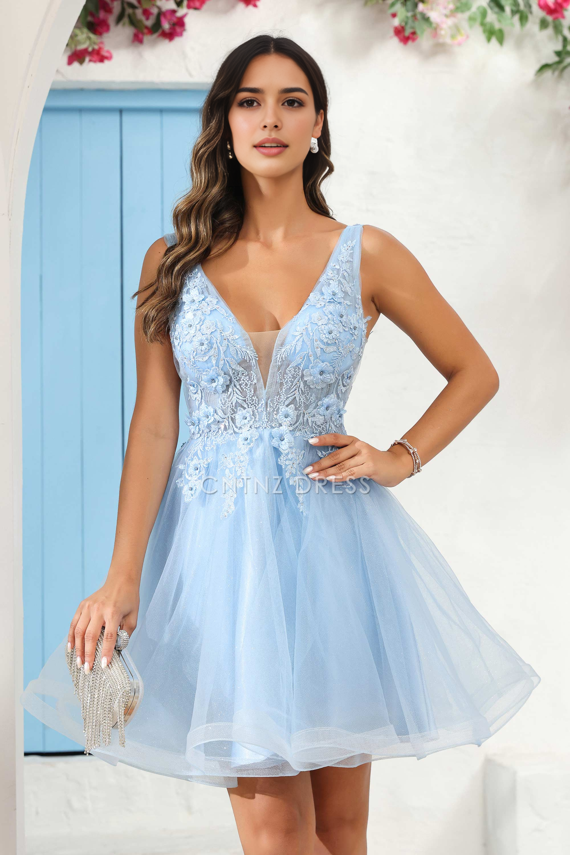 CNTNZ DRESS Exquisite A-Line Deep V Neck Sleeveless Floral Applique See-through Romantic Mini Dress Hot Sale Homecoming Dress