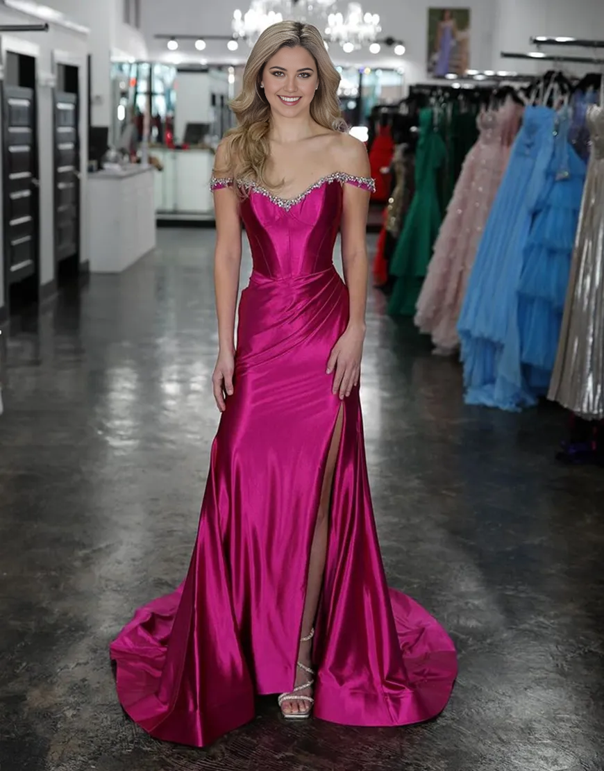 Wholesa Mermaid Sparkly Rhinestones Off the Shoulder Corset Long formal dresses evening gown Prom Dress with Slit