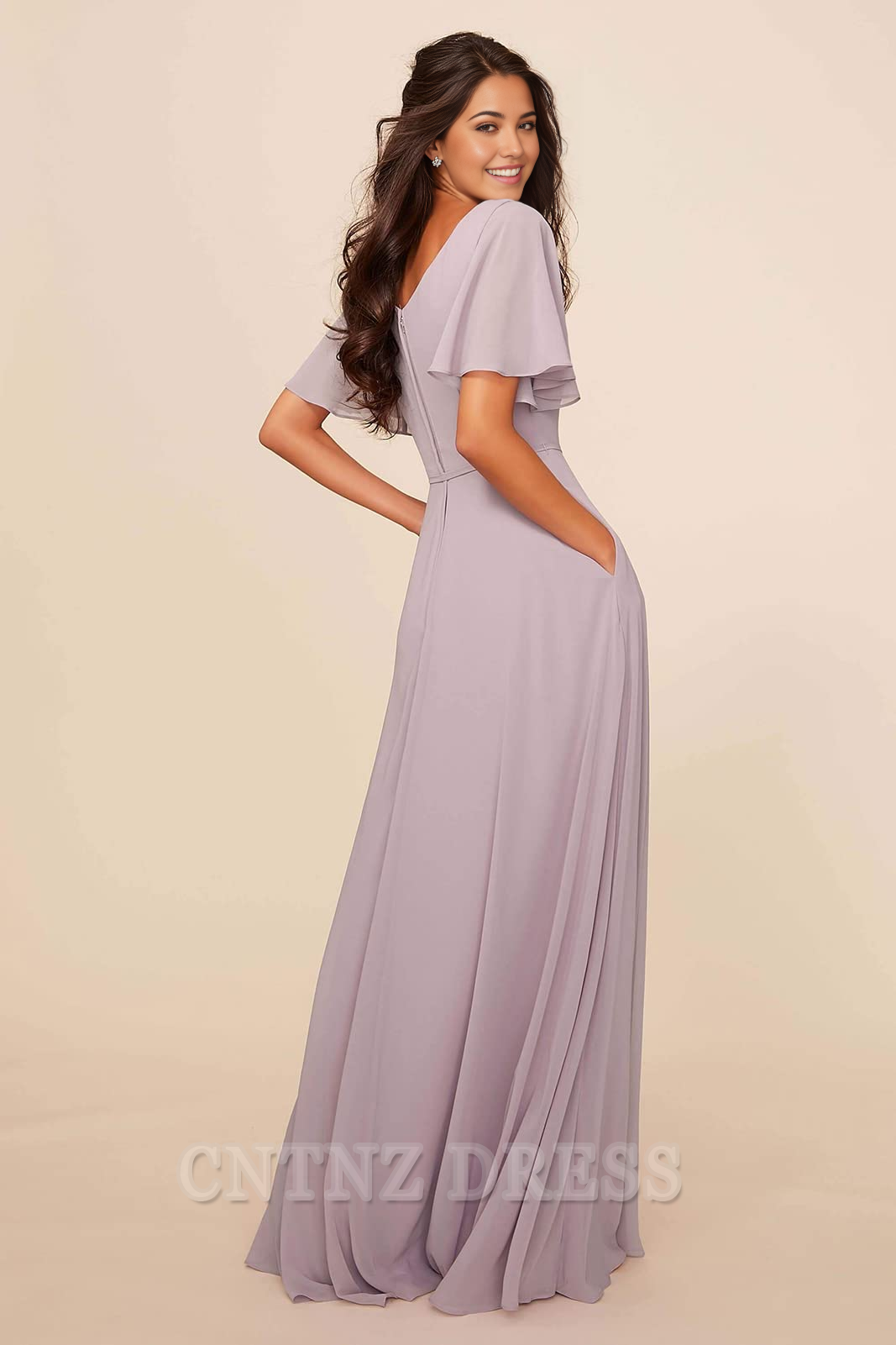 Wholesa A-line Crew Neck Chiffon formal dresses Bridesmaid Dresses evening gown Prom Dress with Pockets Sash