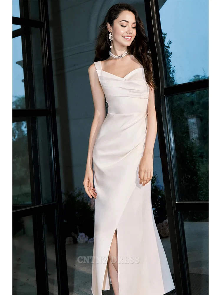 Wholesa Sheath Straps Sleeveless Ivory Satin Knee Length formal dresses Bridesmaid Dresses evening gown Prom Dress