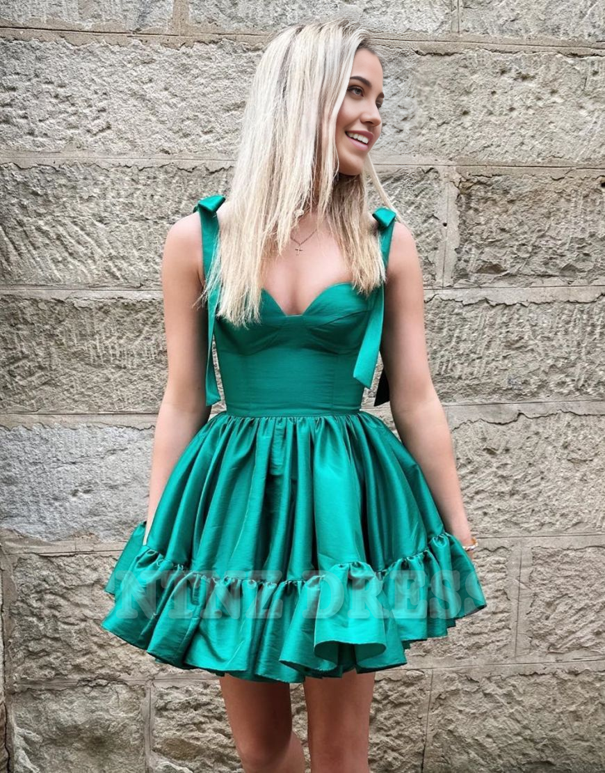 Wholesa A-Line Tie Straps Short Satin Green formal dresses Bridesmaid Dresses evening gown Prom Dress Homecoming Dress