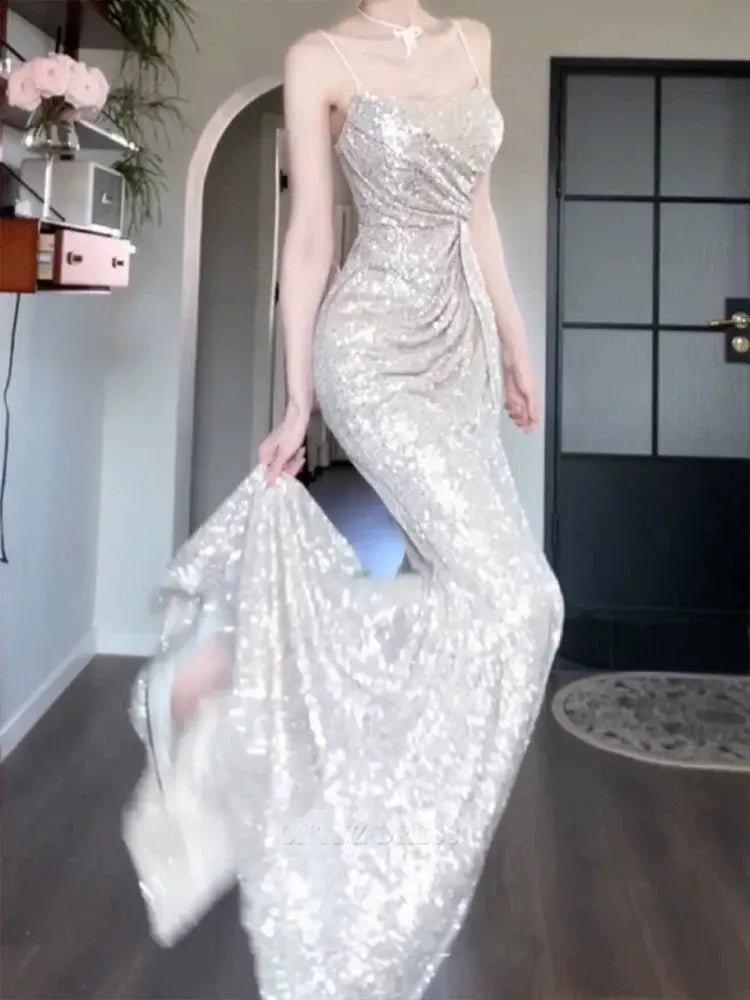 Wholesa Mermaid Spaghetti Straps Sequin formal dresses Bridesmaid Dresses evening gown Prom Dress