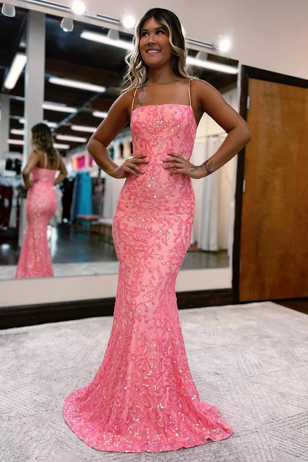 Wholesa Mermaid Spaghetti Straps Sequins Prom Dress