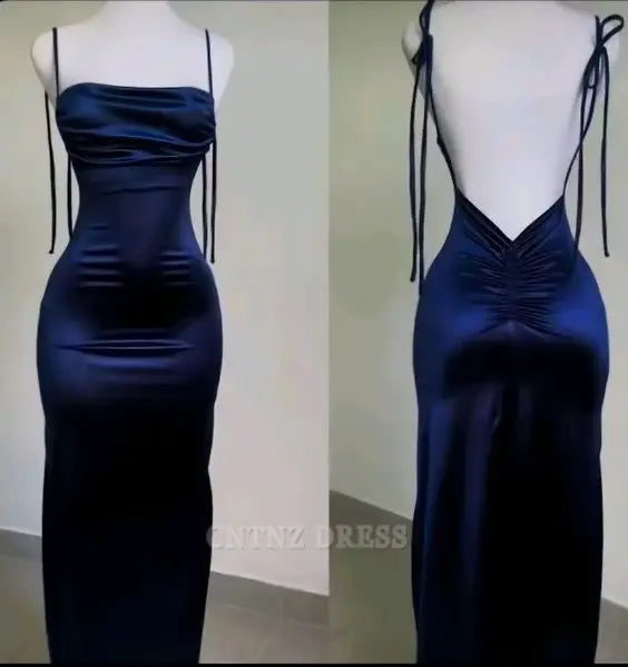 Wholesa Sheath Spaghetti Straps Navy Blue Satin formal dresses Bridesmaid Dresses evening gown Prom Dress