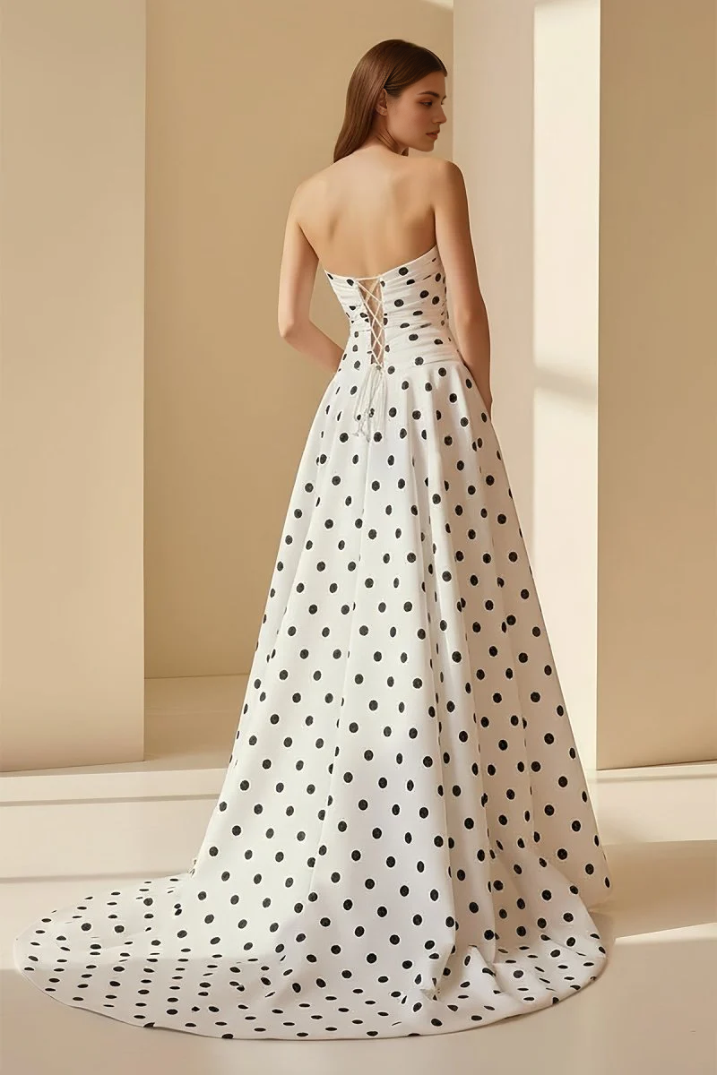 Unique Formal Women's Dresses Black-White Polka Dots A Line Strapless Sleeveless Satin Hollow-Out With Bow Side Fork Backless Bargain Long Prom Dress