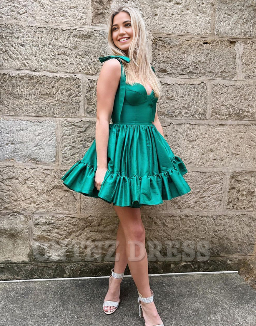 Wholesa A-Line Tie Straps Short Satin Green formal dresses Bridesmaid Dresses evening gown Prom Dress Homecoming Dress