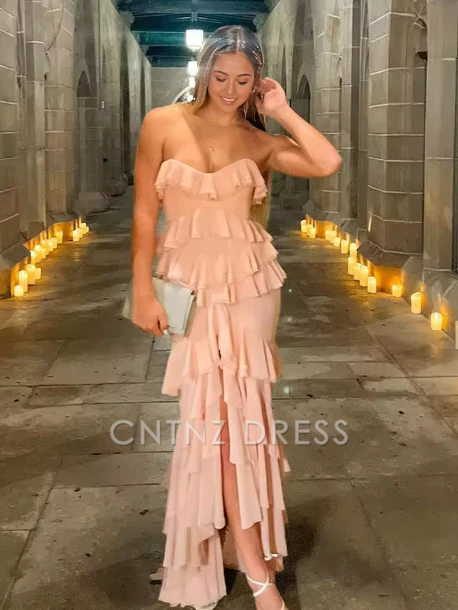 Wholesa Mermaid Chiffon Ruffles Tiered Charming Pink formal dresses Bridesmaid Dresses evening gown Prom Dress