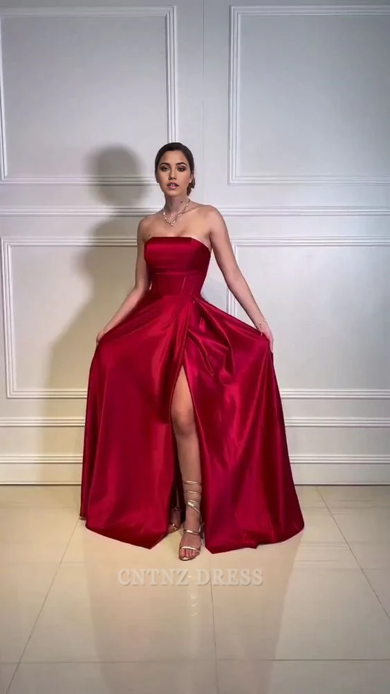 Wholesa A Line Strapless Burgundy Slit formal dresses Bridesmaid Dresses evening gown Prom Dress