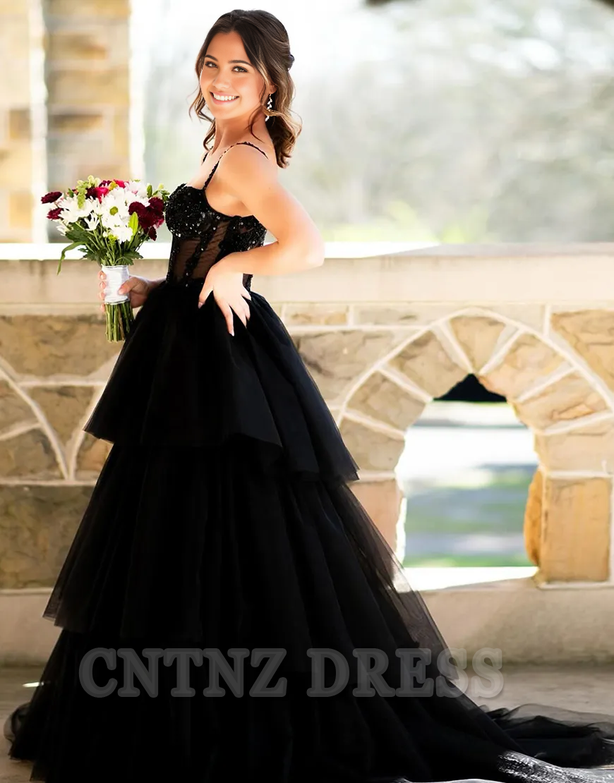 Wholesa A-Line Sparkly Spaghetti Straps Corset Ruffles Tulle Black Long formal dresses Bridesmaid Dresses evening gown Prom Dress