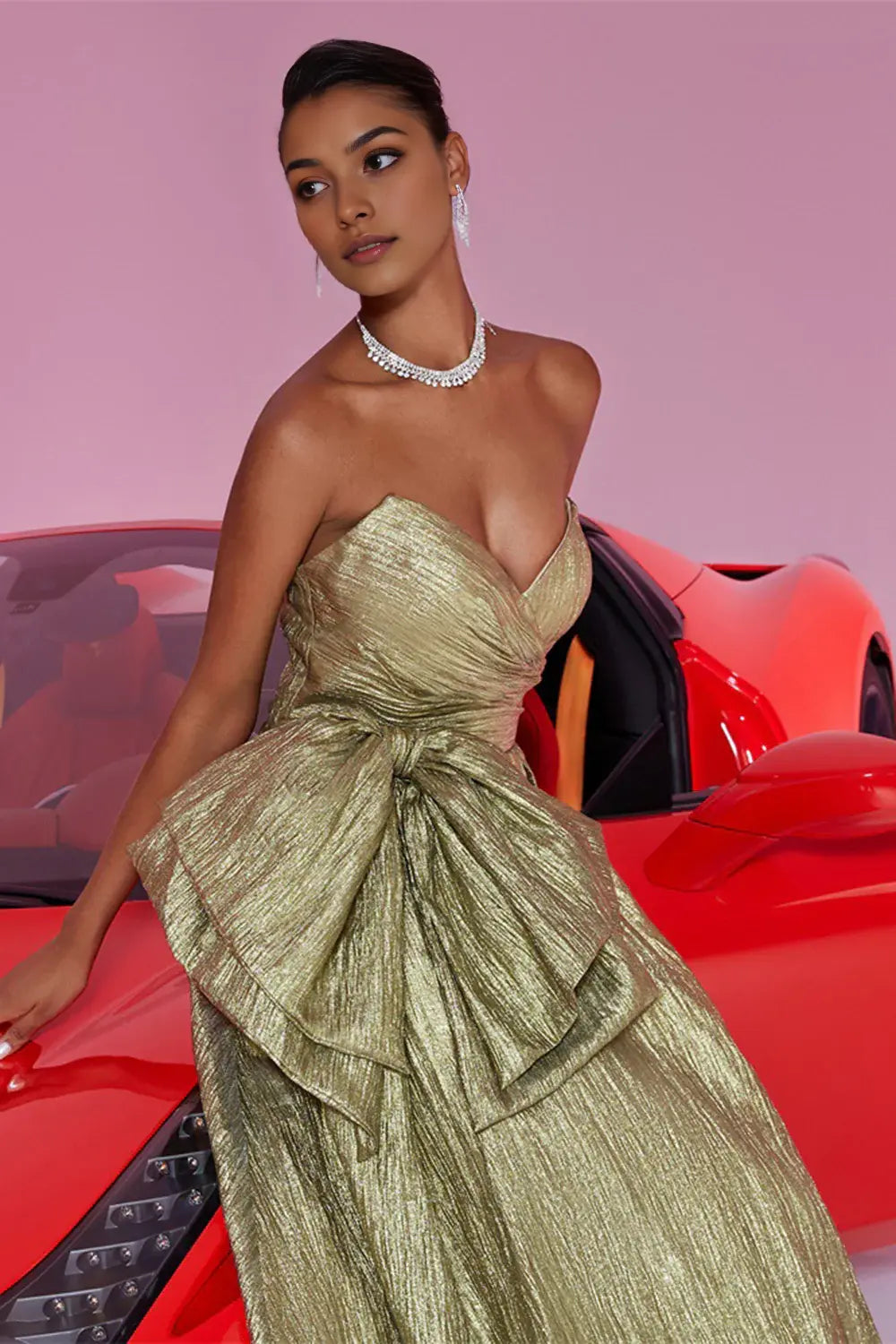 Gold Metallic A Line Strapless Sweetheart Neckline with Bow Backless Gorgeous Long Prom Dress For Women Formal Dress