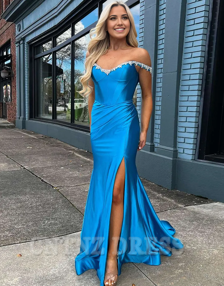 Wholesa Mermaid Sparkly Rhinestones Off the Shoulder Corset Long formal dresses evening gown Prom Dress with Slit