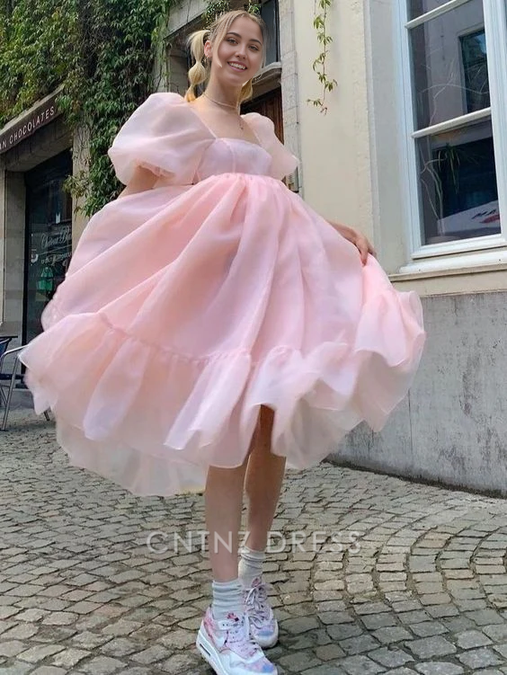 Wholesa A-line princess puff sleeves organza pink formal dresses Bridesmaid Dresses evening gown Prom Dress