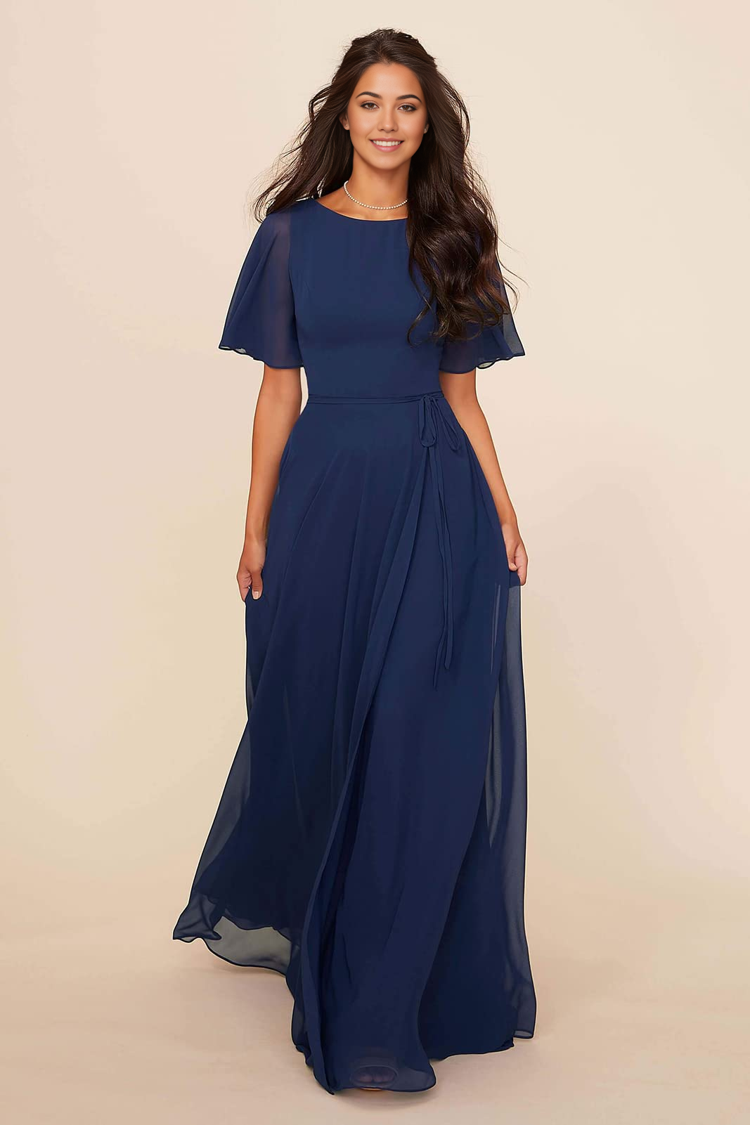 Wholesa A-line Crew Neck Chiffon formal dresses Bridesmaid Dresses evening gown Prom Dress with Pockets Sash