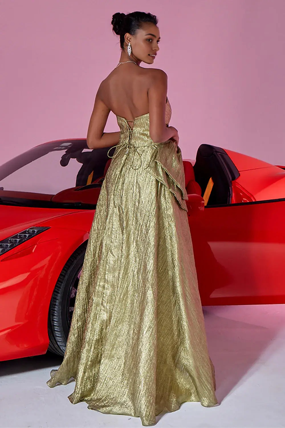 Gold Metallic A Line Strapless Sweetheart Neckline with Bow Backless Gorgeous Long Prom Dress For Women Formal Dress