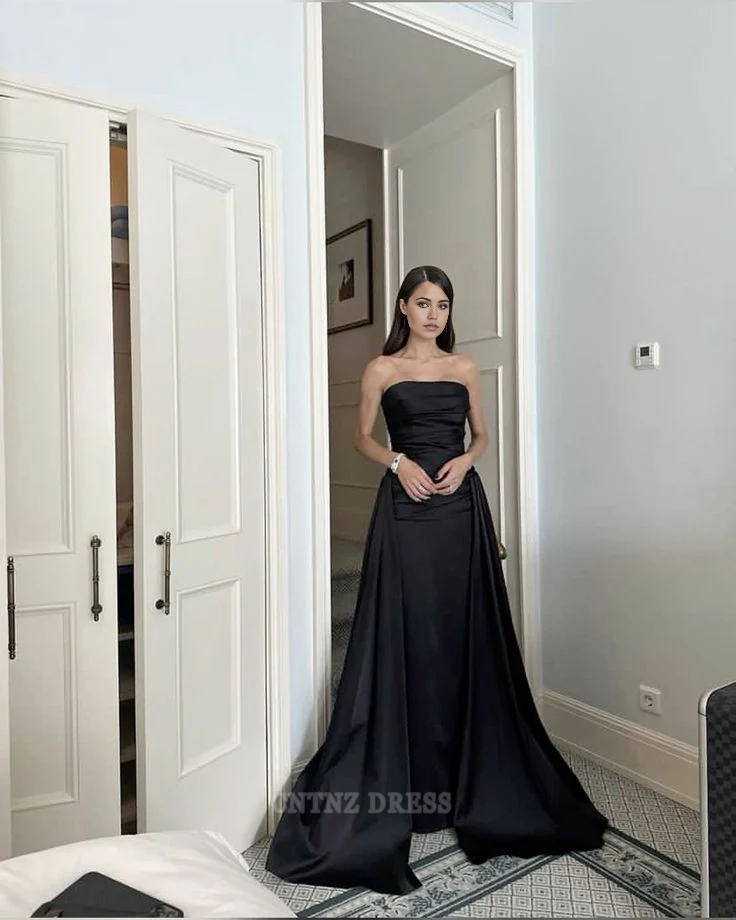Wholesa Sheath Strapless Black Satin Train Long formal dresses Bridesmaid Dresses evening gown Prom Dress