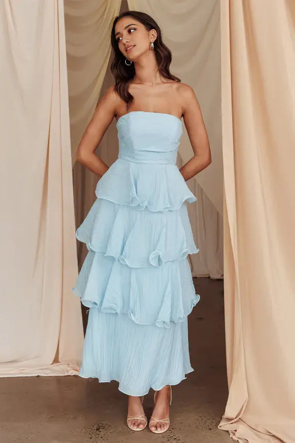 Exquisite A Line Strapless Layered Ruffle Edges Sleeveless Backless Romantic Long Wedding Guest Dress Hot Sale Prom Dress