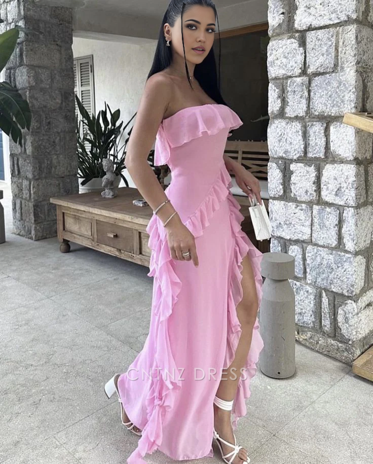 Wholesa Sheath Strapless Ruffle Pretty Pink formal dresses Bridesmaid Dresses evening gown Prom Dress With Split