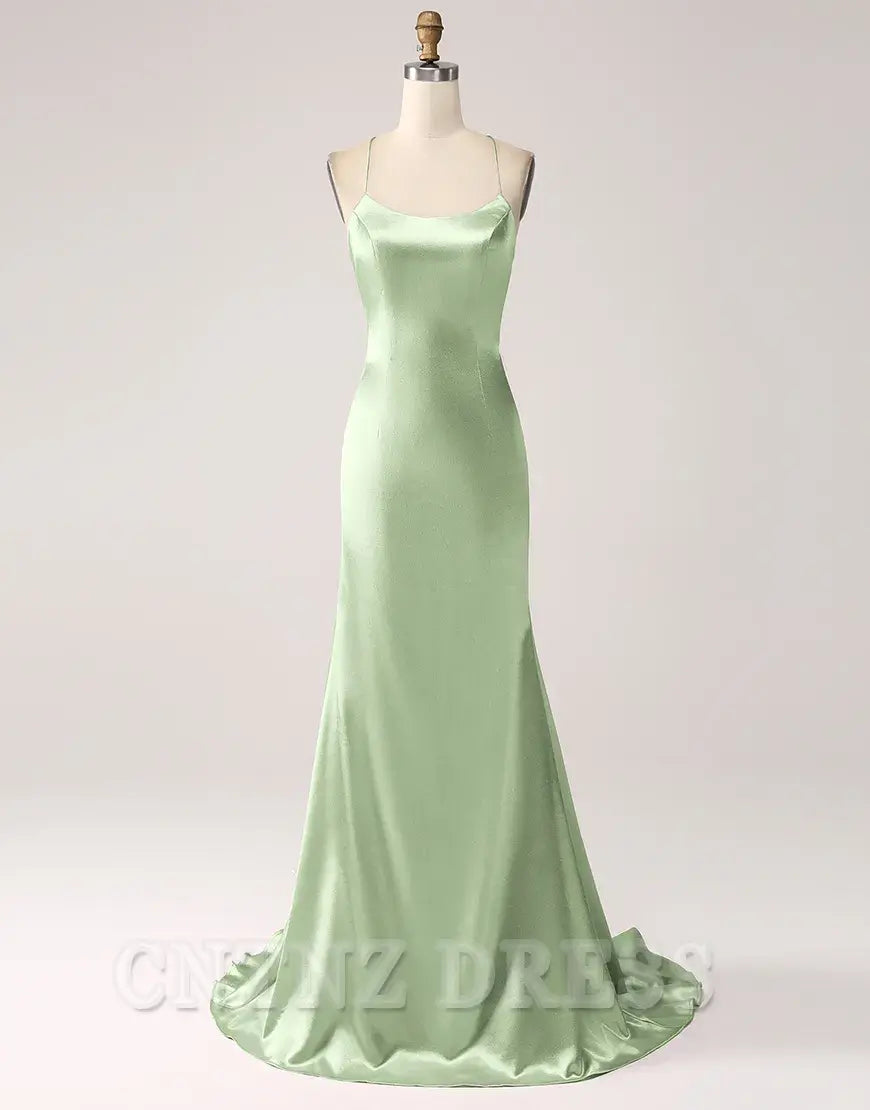 Wholesa Mermaid Spaghetti Straps Satin Lace-Up Blush Long formal dresses evening gown Prom Dress