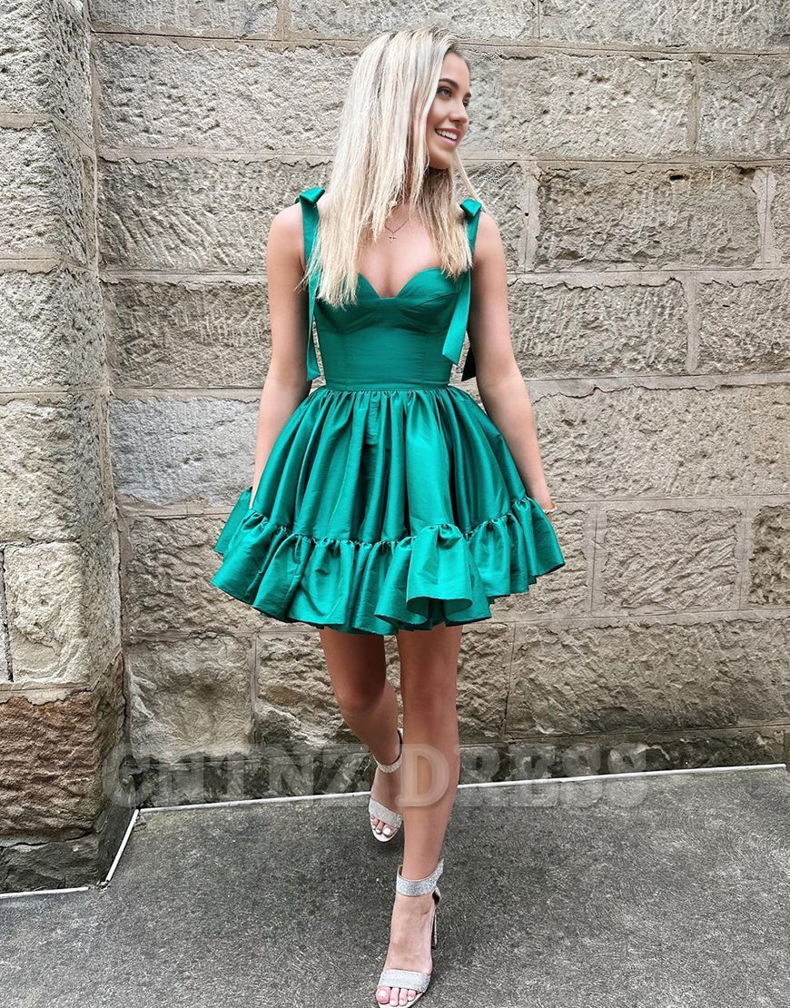 Wholesa A-Line Tie Straps Short Satin Green formal dresses Bridesmaid Dresses evening gown Prom Dress Homecoming Dress