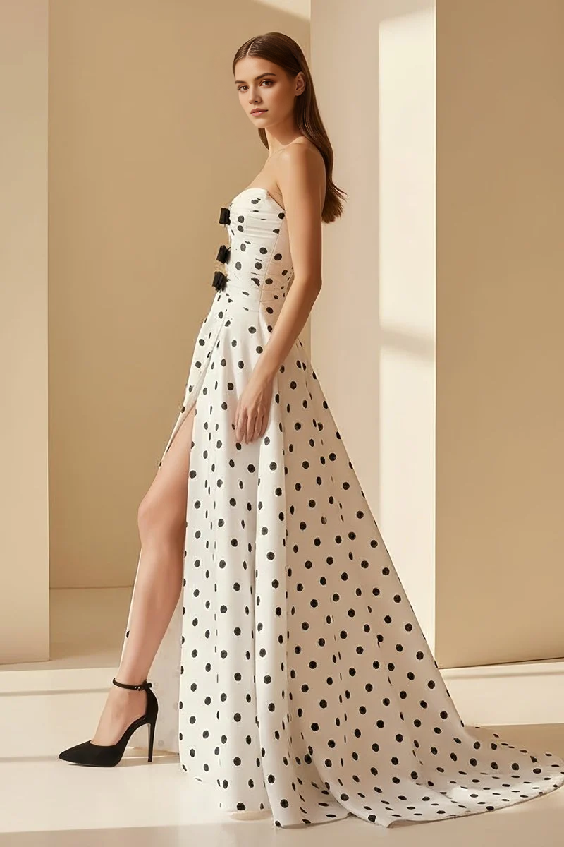 Unique Formal Women's Dresses Black-White Polka Dots A Line Strapless Sleeveless Satin Hollow-Out With Bow Side Fork Backless Bargain Long Prom Dress
