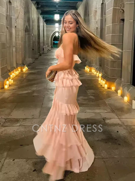 Wholesa Mermaid Chiffon Ruffles Tiered Charming Pink formal dresses Bridesmaid Dresses evening gown Prom Dress