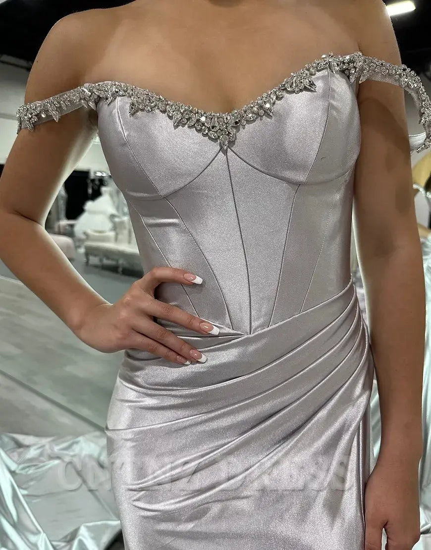 Wholesa Mermaid Sparkly Rhinestones Off the Shoulder Corset Long formal dresses evening gown Prom Dress with Slit