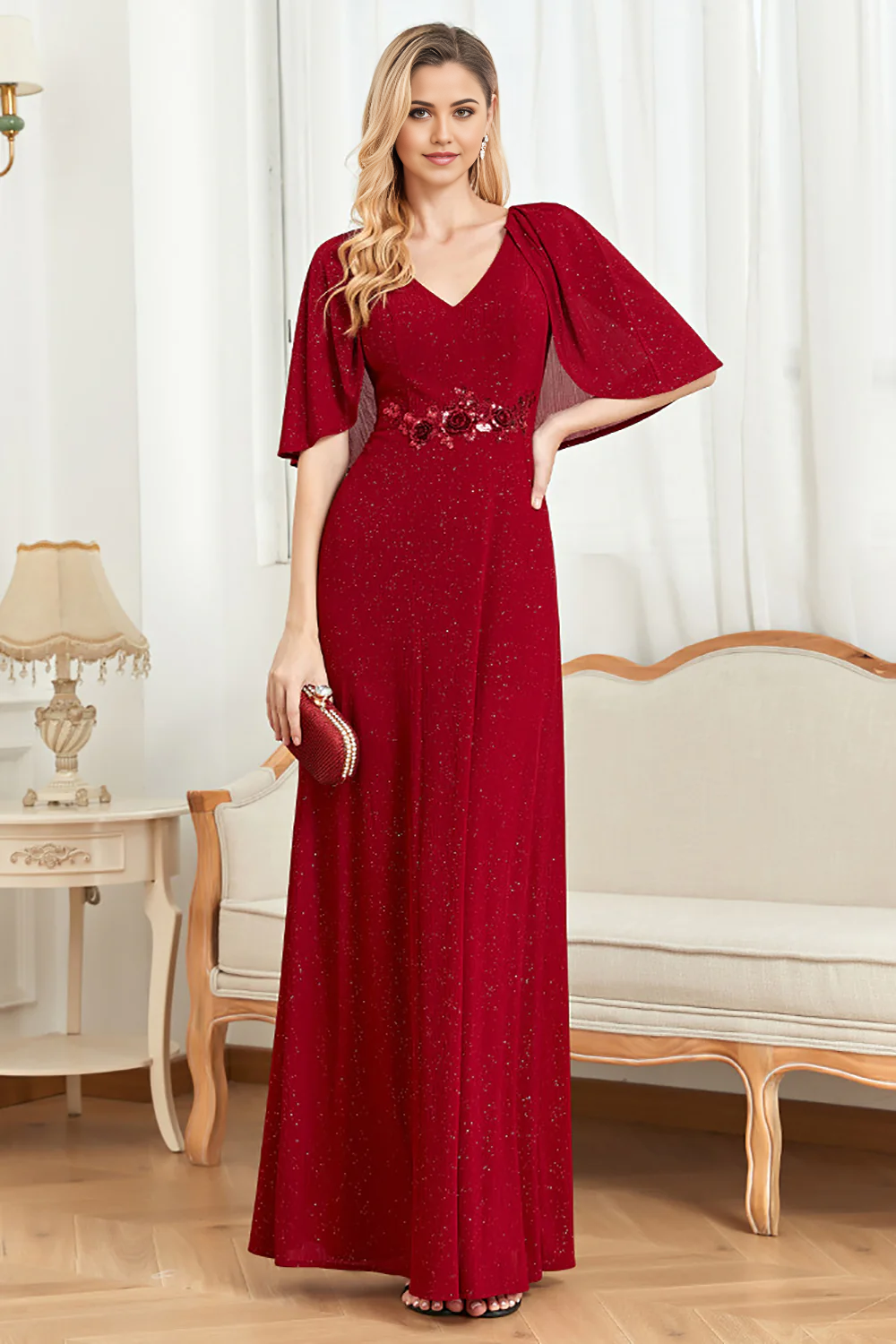 Wholesa Glitter V-Neck Mother of the Bride Dress with Cape