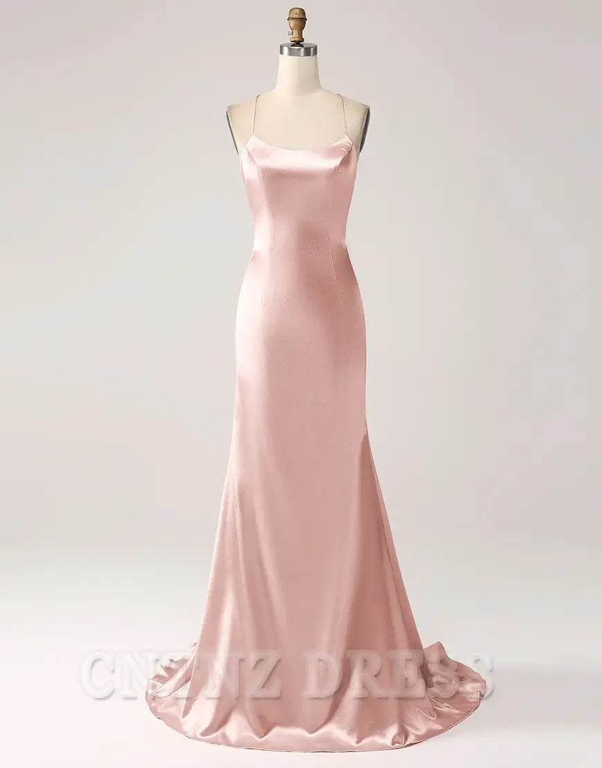 Wholesa Mermaid Spaghetti Straps Satin Lace-Up Blush Long formal dresses evening gown Prom Dress