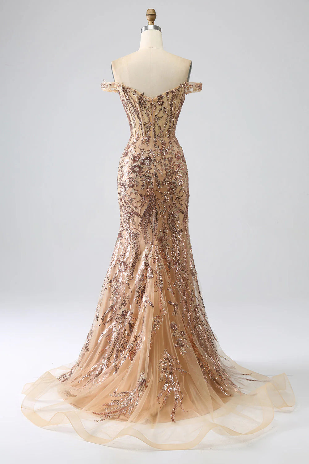 Wholesa Mermaid Sparkly Off The Shoulder Corset Prom Dress with Slit