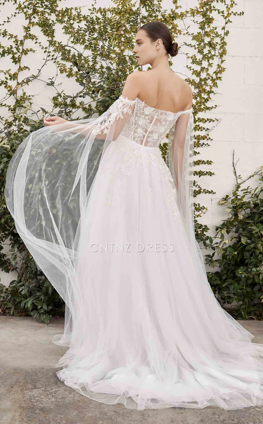 CNTNZ DRESS Exquisite A Line Strapless Corset Bodice Cape Sleeve Lace Applique Elegant Hot Sale Wedding Dress