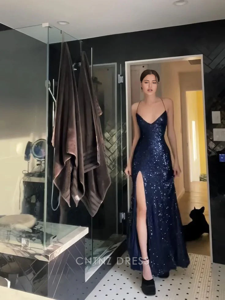 Wholesa Sheath V Neck Sexy Navy Blue Slit formal dresses Bridesmaid Dresses evening gown Prom Dress