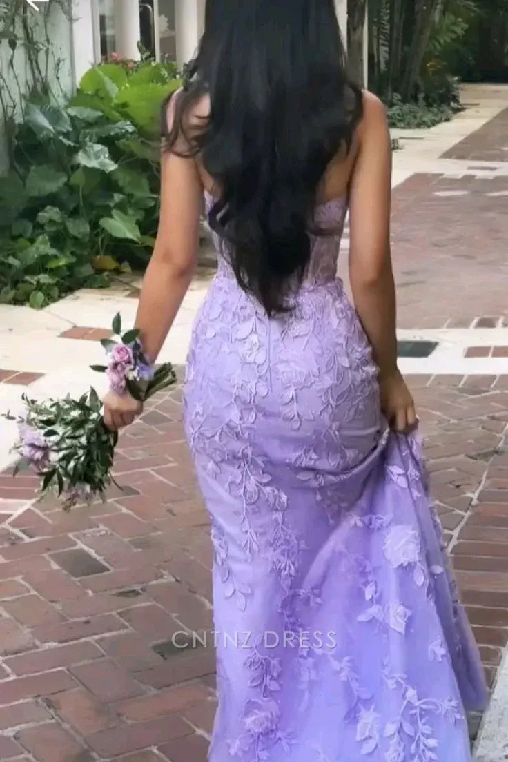 Wholesa Mermaid Strapless Tulle Lace Appliques Purple formal dresses Bridesmaid Dresses evening gown Prom Dress