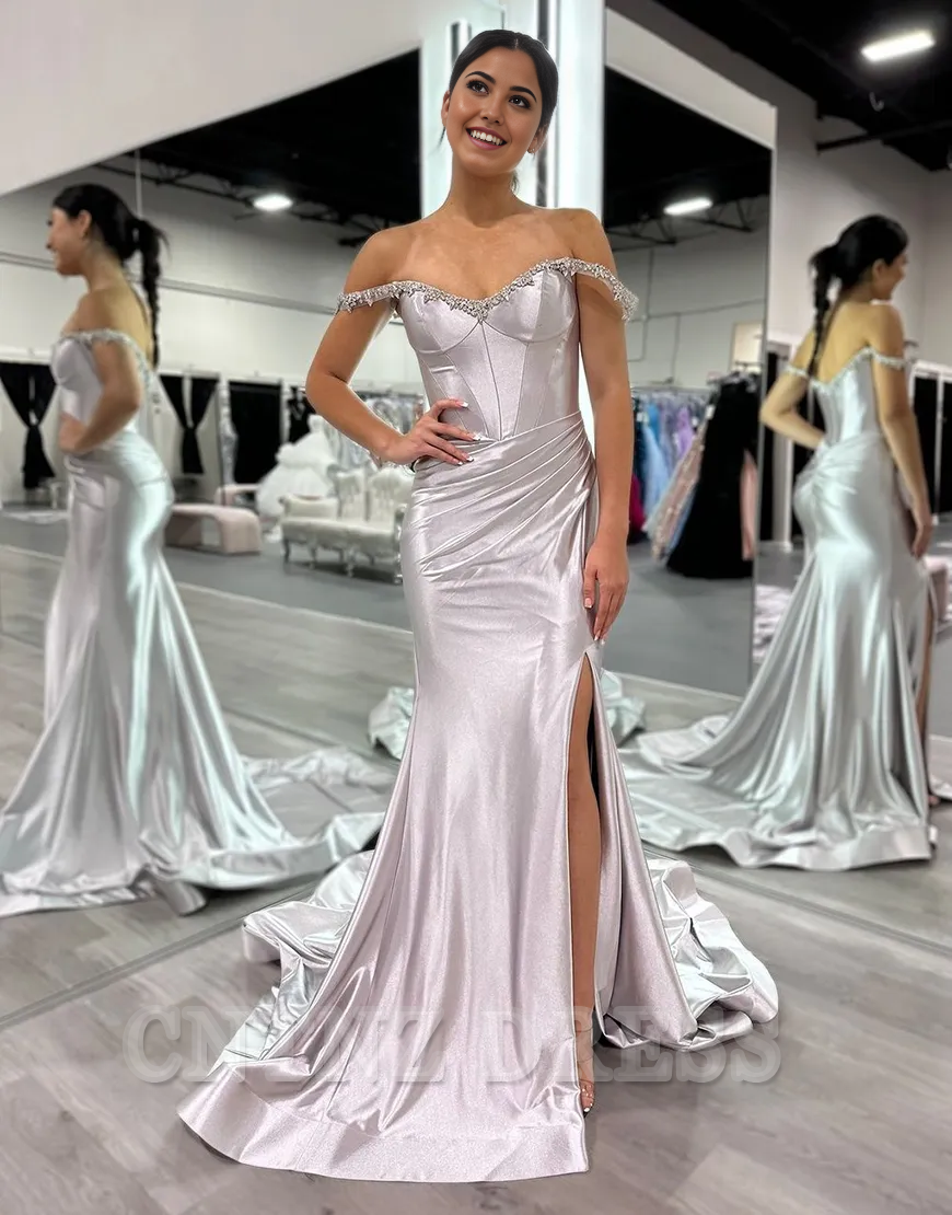 Wholesa Mermaid Sparkly Rhinestones Off the Shoulder Corset Long formal dresses evening gown Prom Dress with Slit