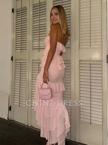 Wholesa Mermaid Chiffon Ruffles Tiered Charming Pink formal dresses Bridesmaid Dresses evening gown Prom Dress