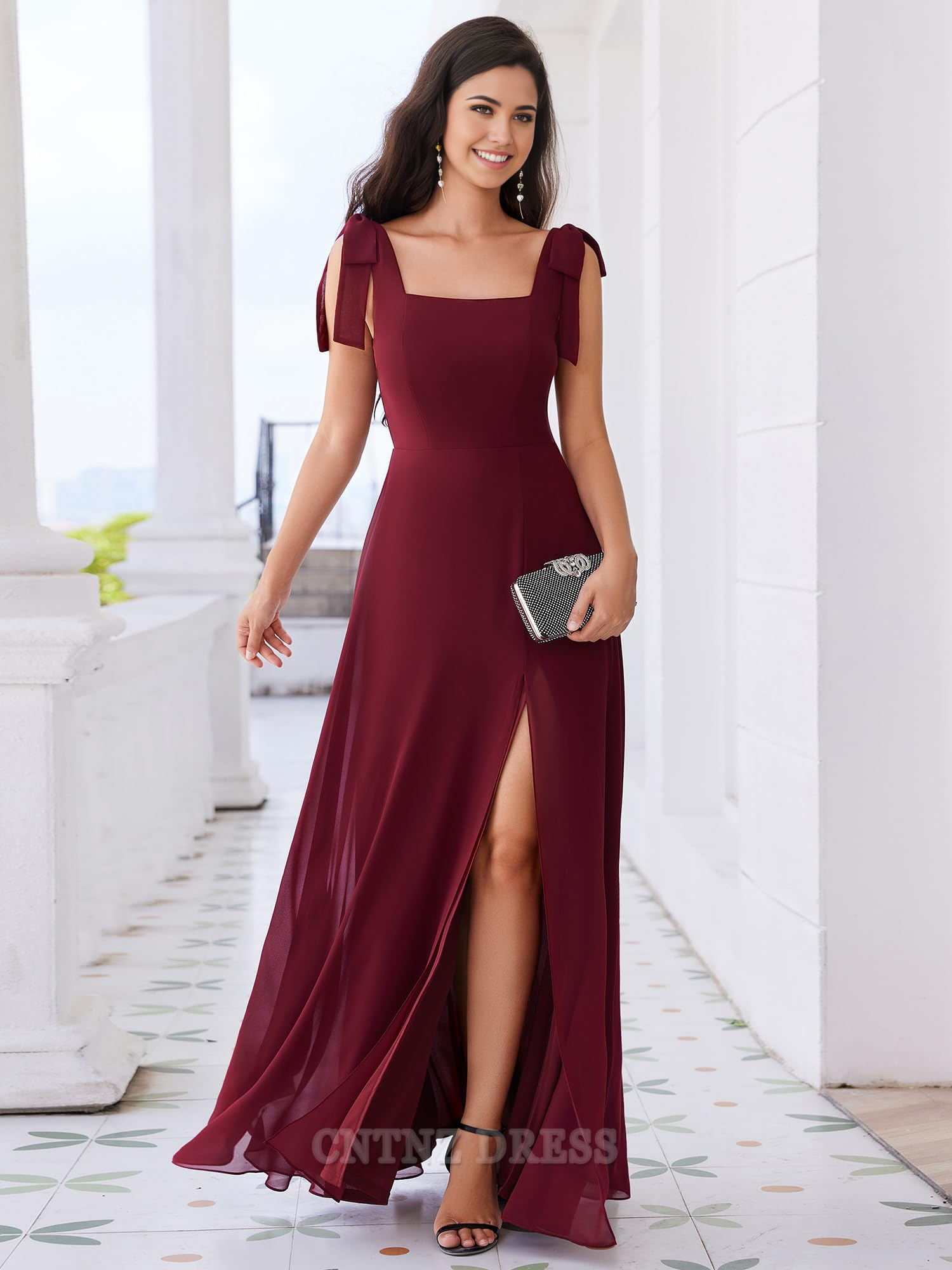 Wholesa A Line Square Neck Sleeveless Split formal dresses Bridesmaid Dresses evening gown Prom Dress