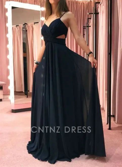 Wholesa A-line Simple Spaghetti straps Chiffon Black Long formal dresses Bridesmaid Dresses evening gown Prom Dress