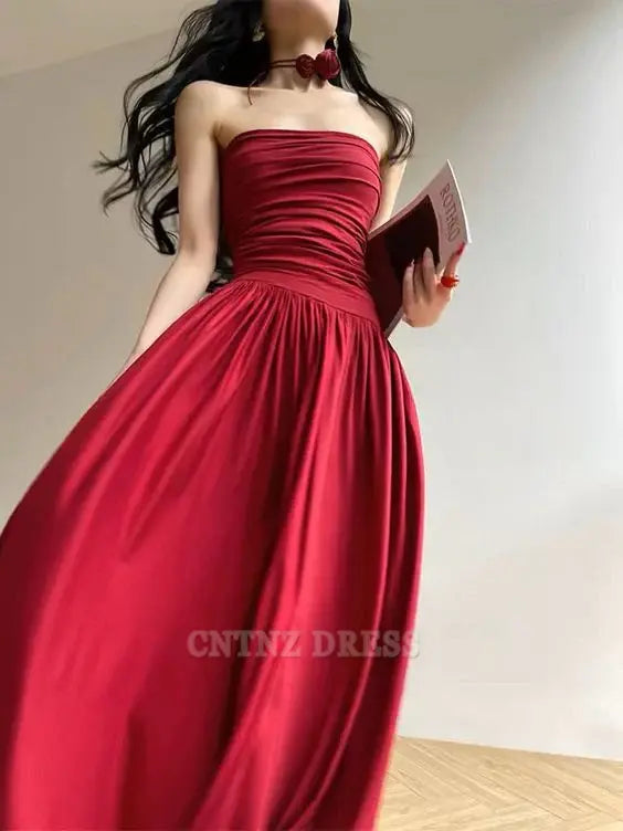Wholesa A Line Strapless Sleeveless Red Long formal dresses Bridesmaid Dresses evening gown Prom Dress