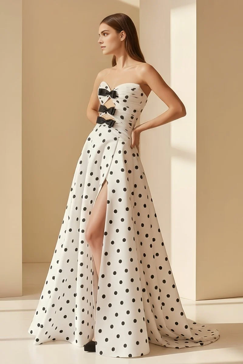Unique Formal Women's Dresses Black-White Polka Dots A Line Strapless Sleeveless Satin Hollow-Out With Bow Side Fork Backless Bargain Long Prom Dress
