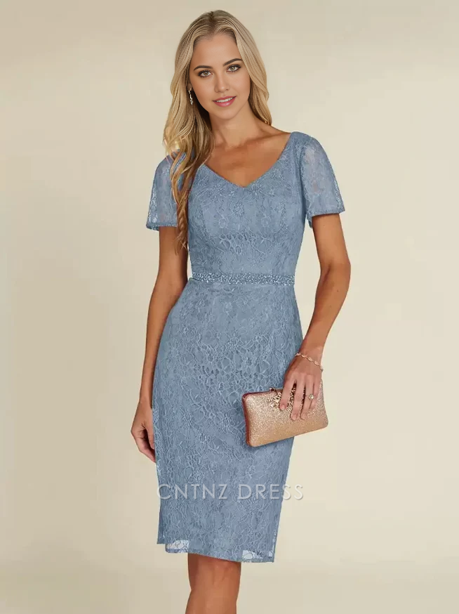Wholesa Sheath V-Neck Short Sleeves Short Lace Knee-Length Wedding Guest Dresses Mother of the Bride Dresse
