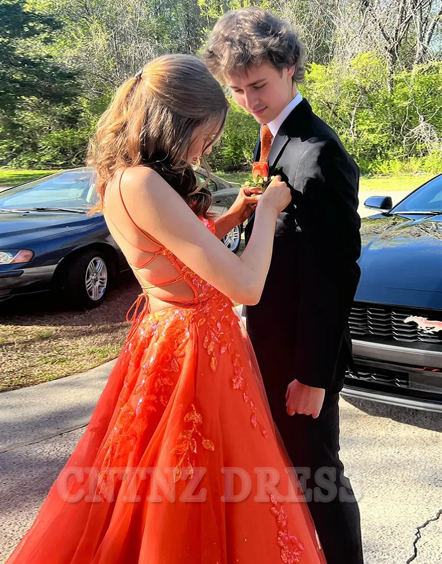 Wholesa A-Line Sparkly Spaghetti Straps Corset Appliques Tulle Orange Long formal dresses Bridesmaid Dresses evening gown Prom Dress