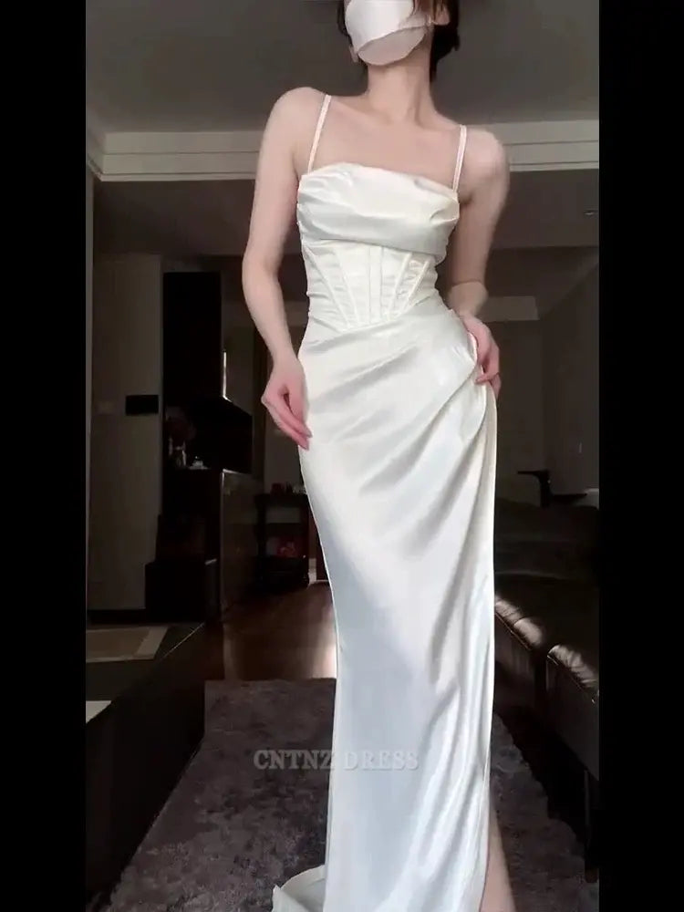Wholesa Mermaid Spaghetti Straps White Satin Long formal dresses Bridesmaid Dresses evening gown Prom Dress
