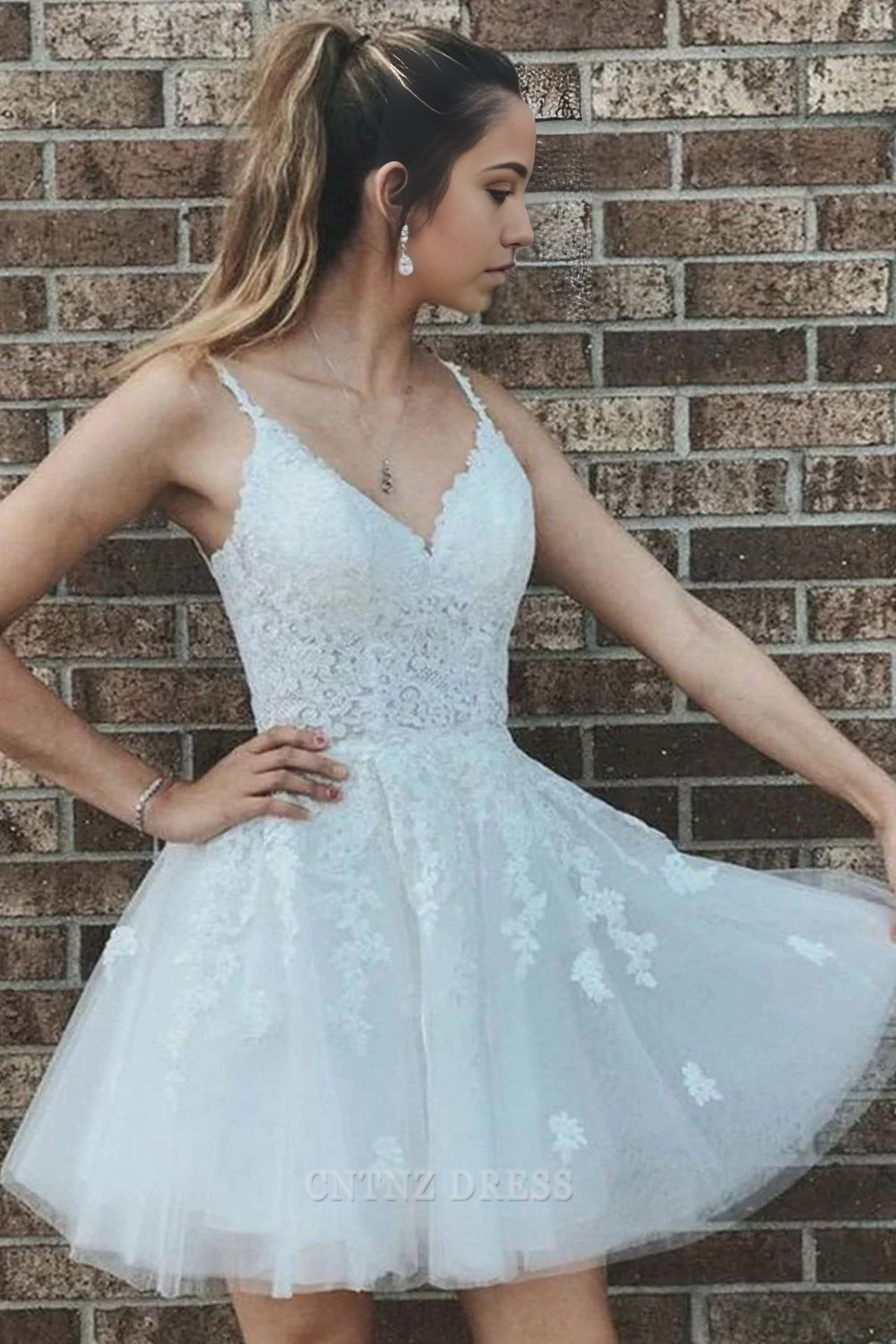 Wholesa A Line Spaghetti Straps Lace Applique Mini Homecoming Dress formal dresses Bridesmaid Dresses evening gown Prom Dress