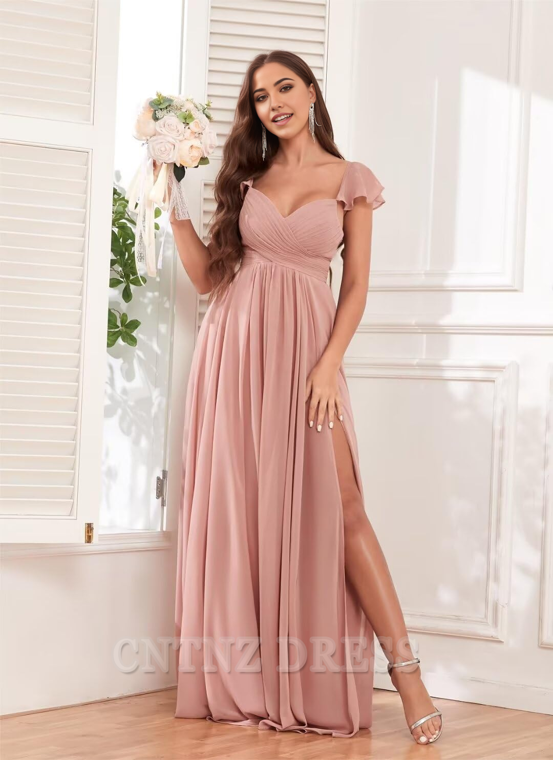 Wholesa A-line Ruffle Backless Chiffon Pleated formal dresses Bridesmaid Dresses evening gown Prom Dress with Pockets Slit