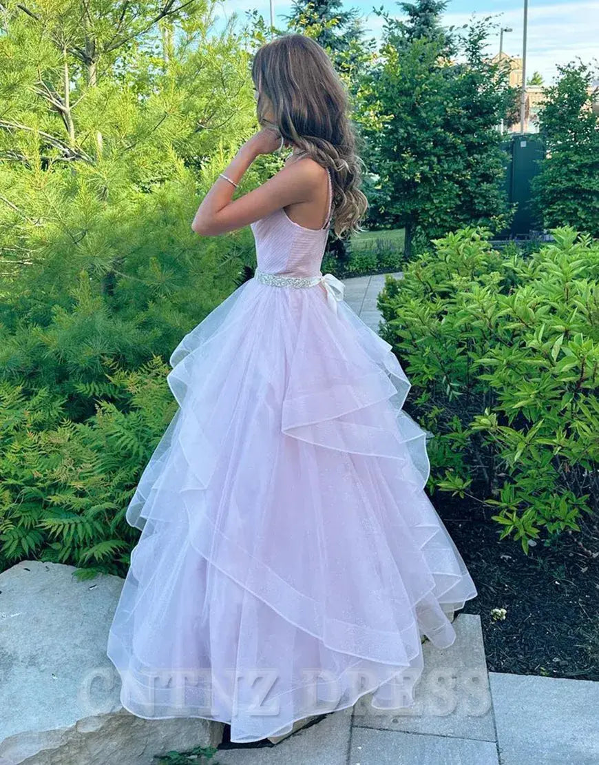 Wholesa A-Line V-Neck Long Ruffle Lilac formal dresses evening gown Prom Dress With Belt