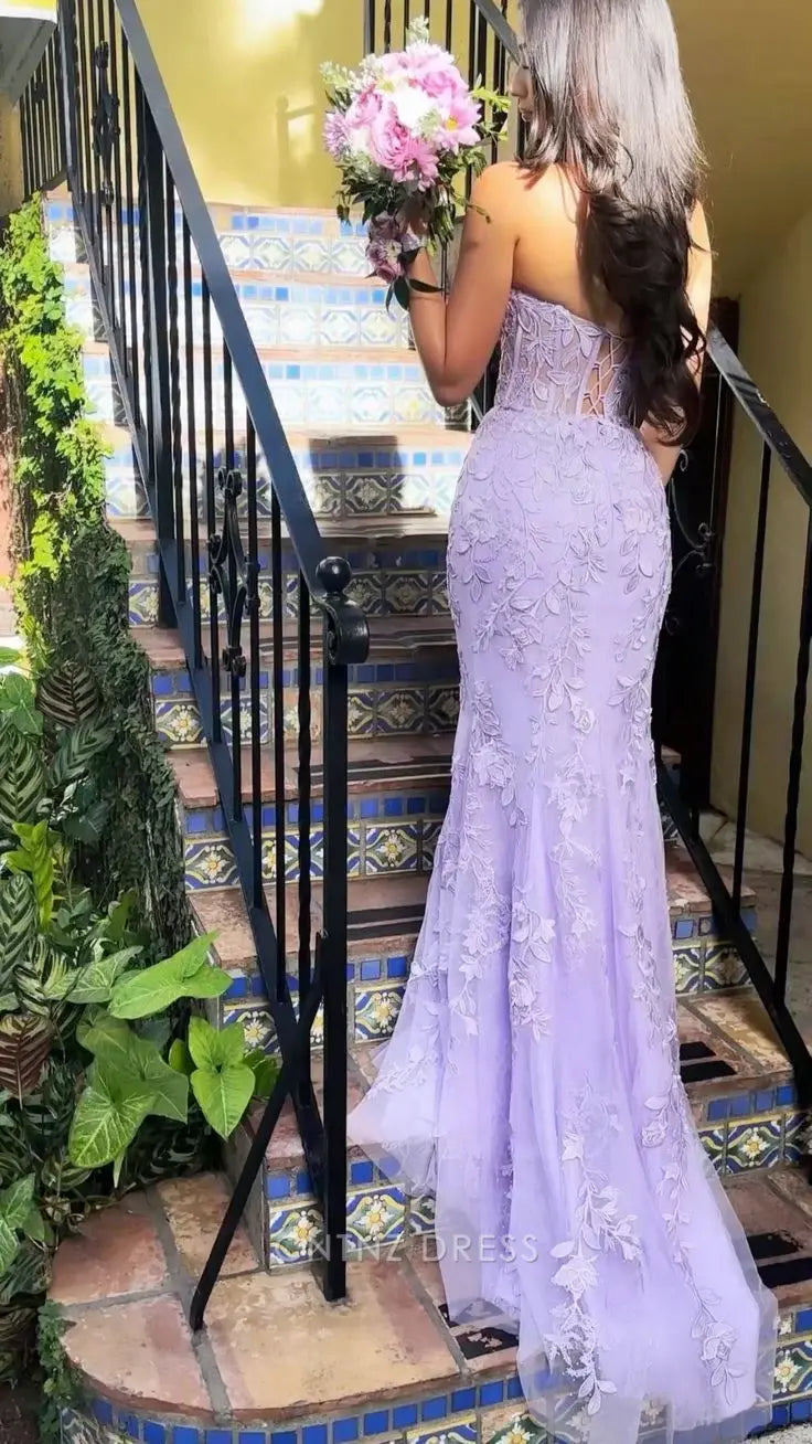 Wholesa Mermaid Strapless Tulle Lace Appliques Purple formal dresses Bridesmaid Dresses evening gown Prom Dress